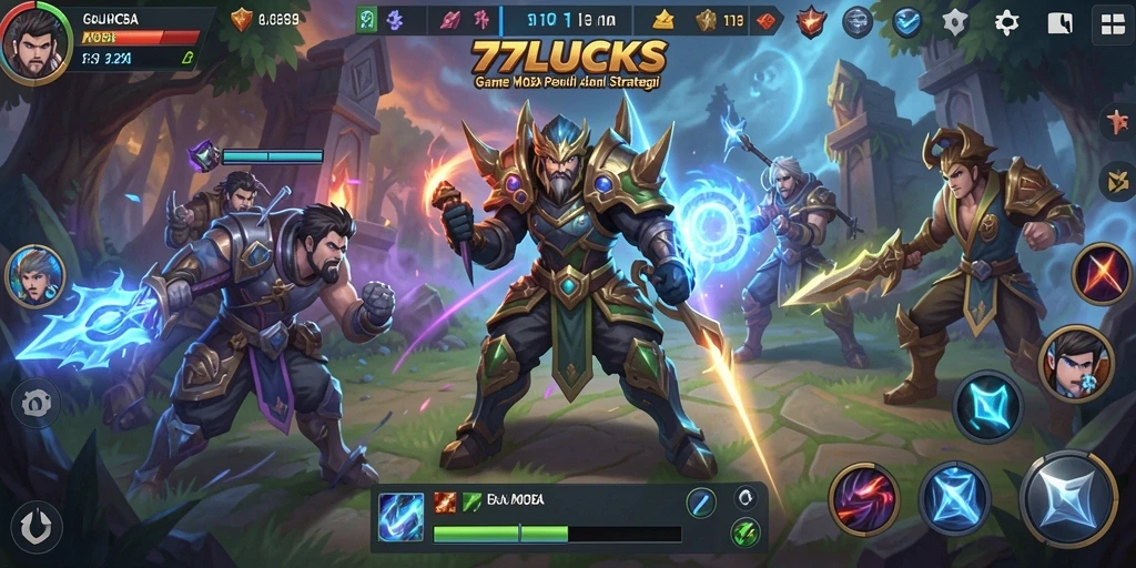 Screenshot dari gameplay <strong>77LUCKS</strong> yang menunjukkan aksi seru karakter di arena pertarungan.