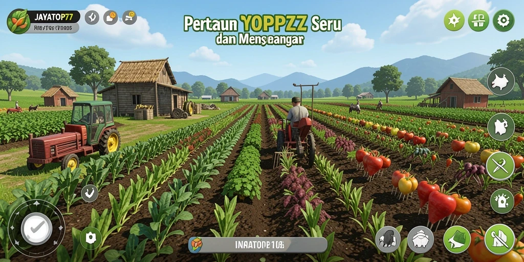 Screenshot gameplay JAYATOP77 menampilkan kebun yang indah dan hewan ternak.