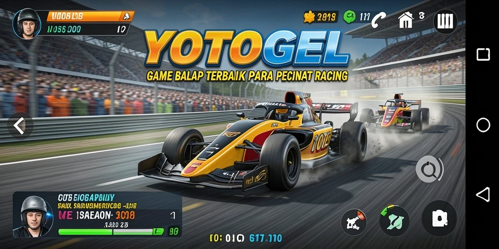 Screenshot gameplay YOTOGEL menunjukkan balapan mendebarkan dan mobil keren.